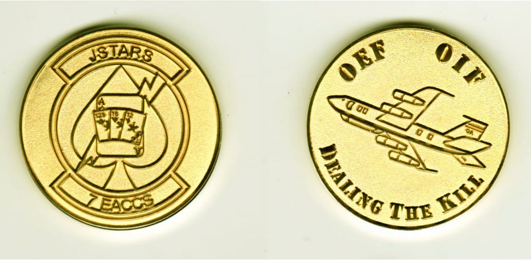 Round shaped, gold colored coin, 1 3/8  inches in diameter.