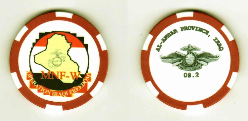 Round shaped, red and white plastic poker chip, 1 3/8 inches in diameter.