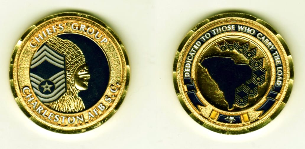 Round shaped, gold colored coin, 1 3/8  inches in diameter.