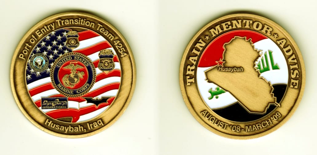 Round shaped, brass colored coin, 2  inches in diameter.