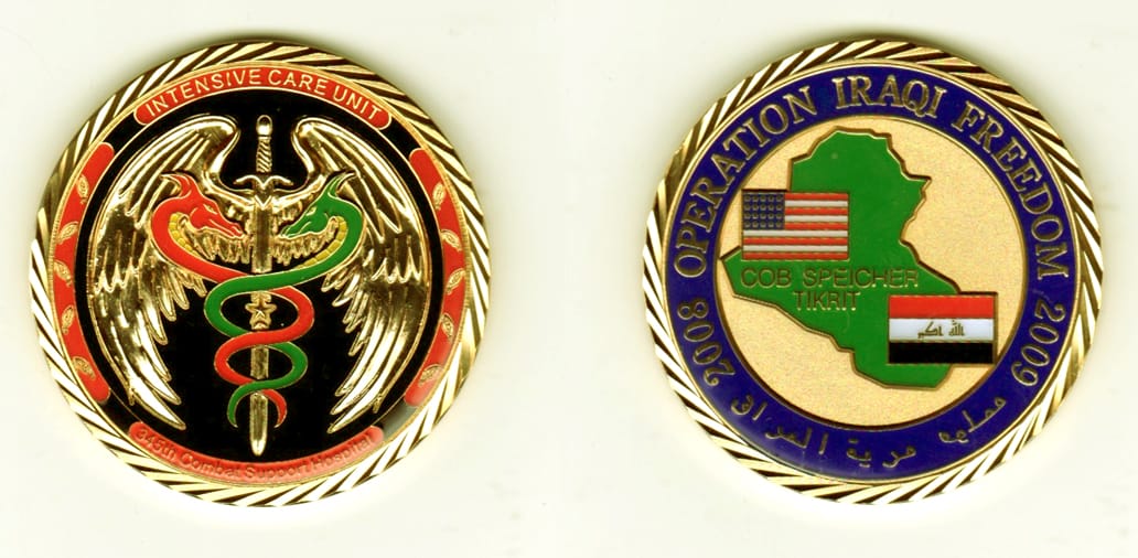 Round shaped, gold colored coin, 2 1/8  inches in diameter.