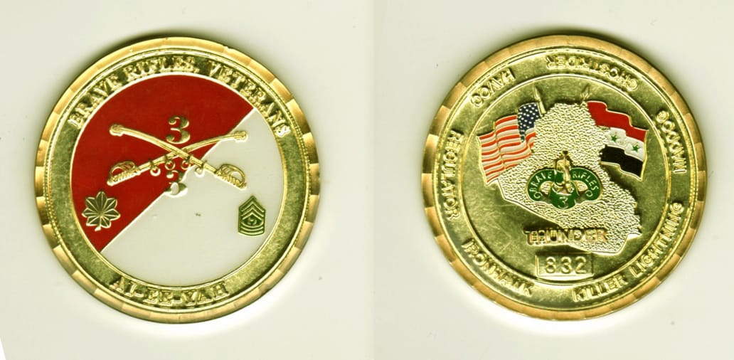 Round shaped, gold colored coin, 2  inches in diameter.
