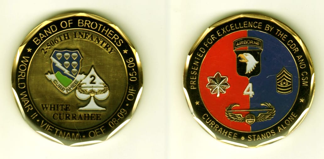 Round shaped, brass colored coin, 2 inches in diameter.