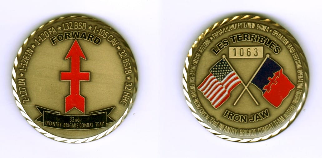 Round shaped, brass colored coin, 2 inches in diameter.