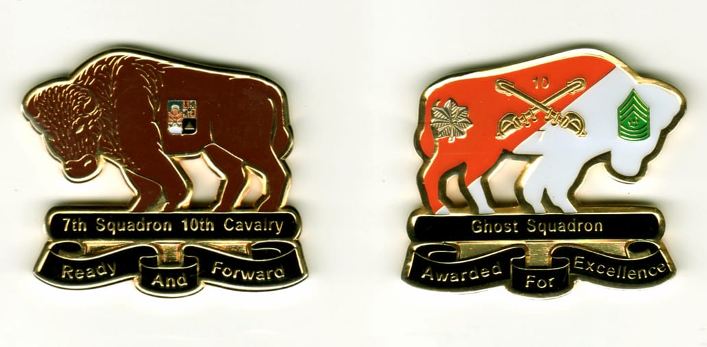 Buffalo shaped, with banner mounted beneath, gold colored coin, 1 1/2  inches high x 2 inches wide.