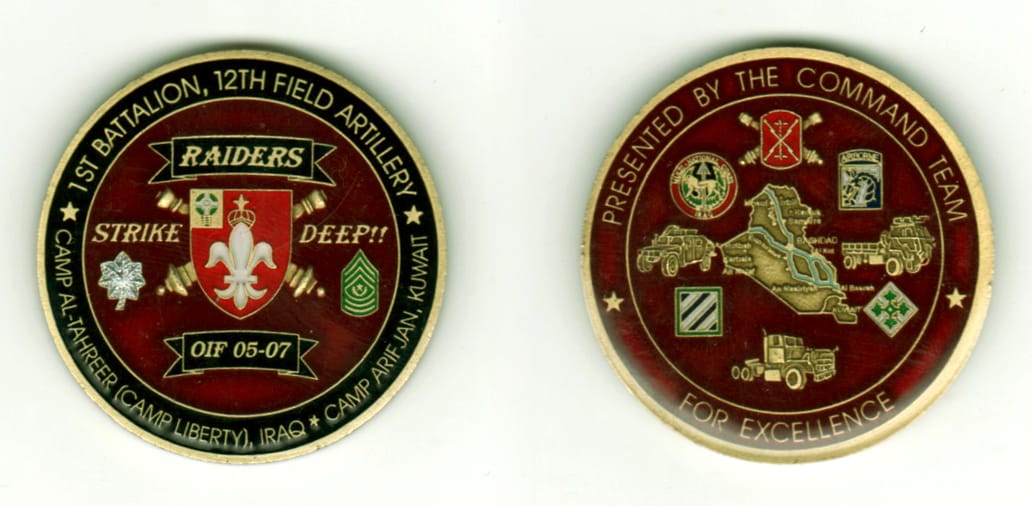 Round shaped, brass colored coin, 1 11/16  inches in diameter.