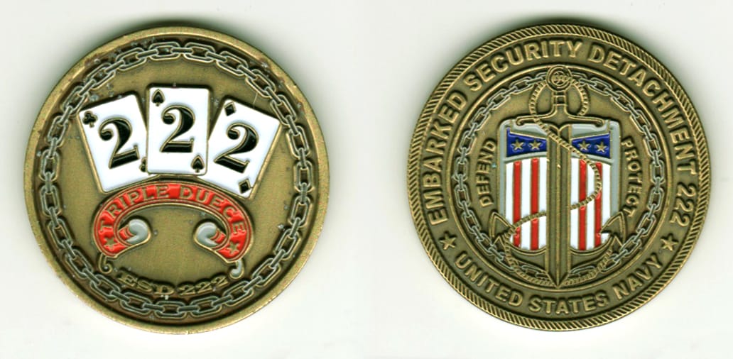 Round shaped, brass colored coin, 1 11/16  inches in diameter.