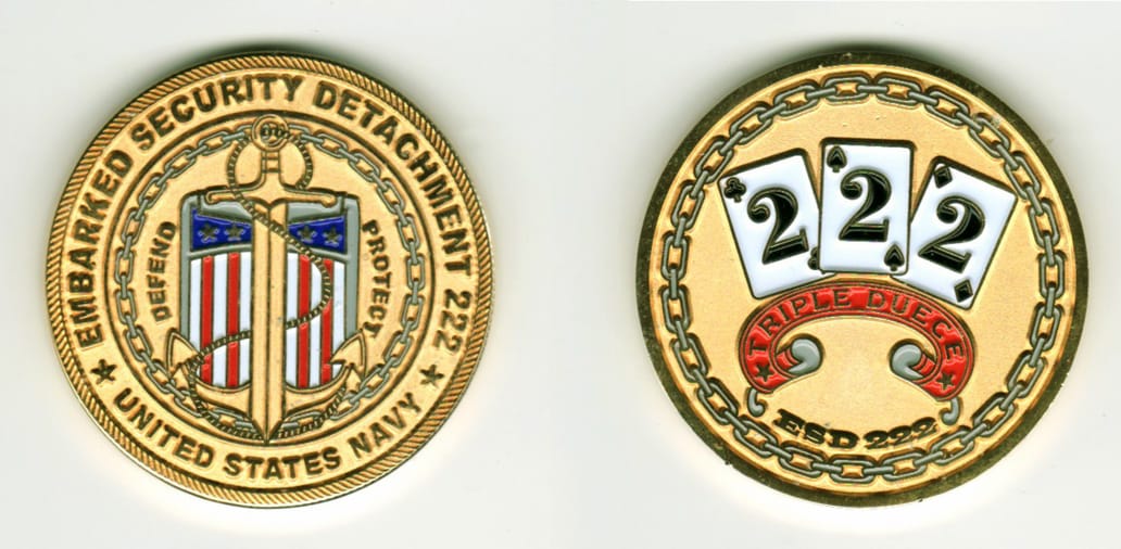 Round shaped, gold colored coin, 1 11/16  inches in diameter.