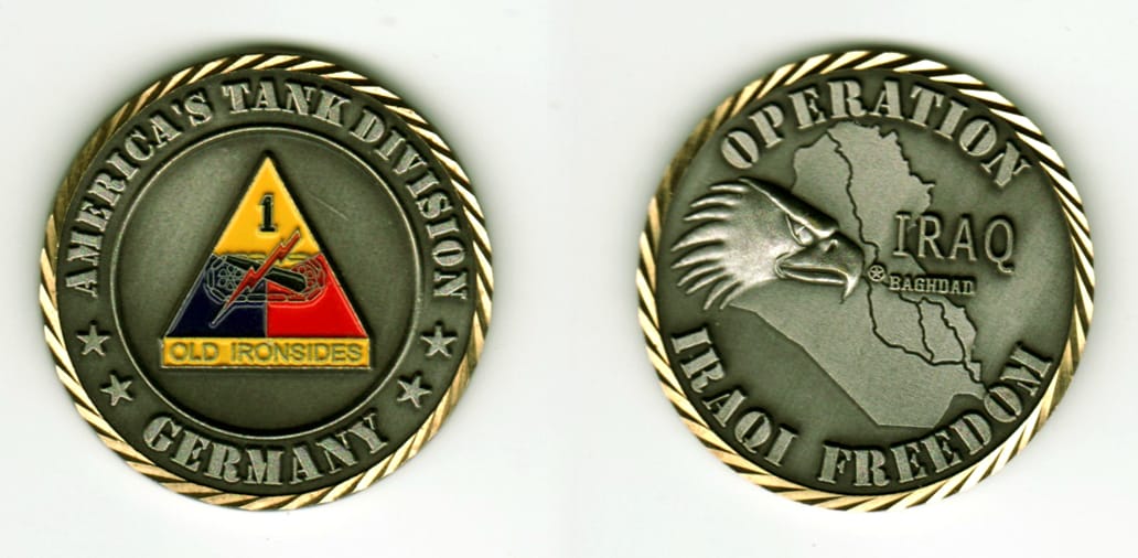 Round shaped, antique silver colored coin, with brass rim, 1 11/16  inches in diameter.