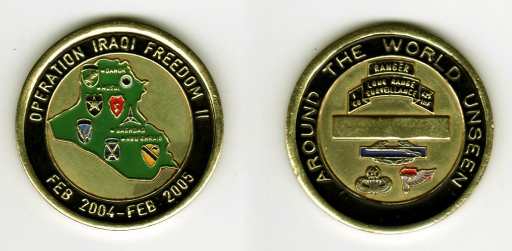 Round shaped, antique brass colored coin, 1 11/16  inches in diameter.