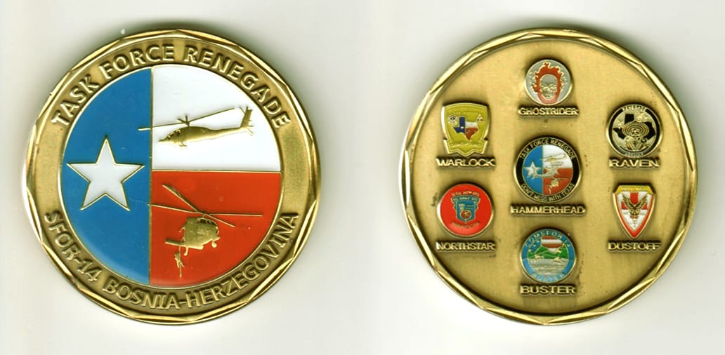 Round shaped, brass colored coin, 2  inches in diameter.