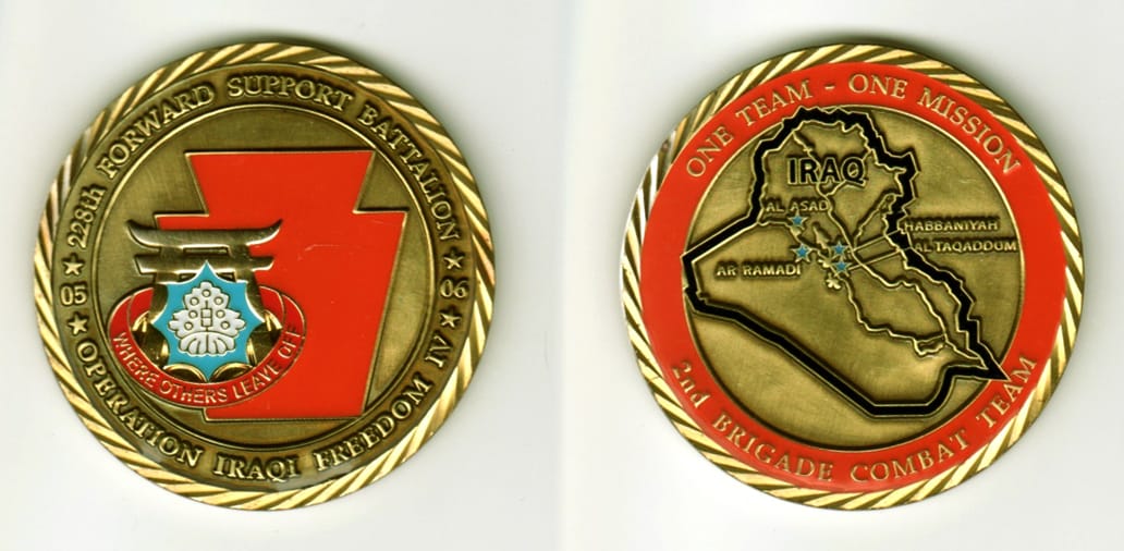 Round shaped, brass colored coin, 2  inches in diameter.