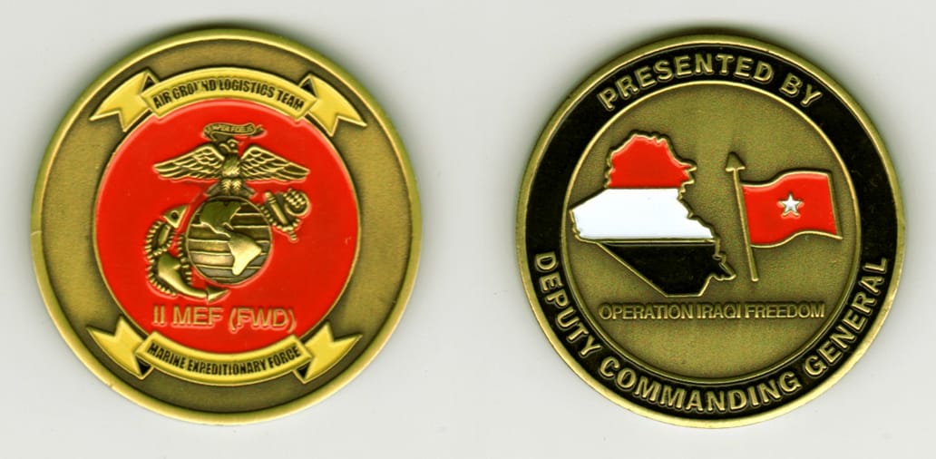 Round shaped, brass colored coin, 2  inches in diameter.