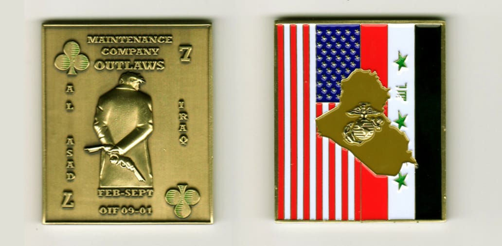 Retangular shaped , gold colored coin, 2 inches high x 1 1/2 inches wide