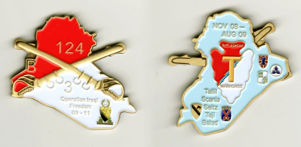 Iraqi  shaped with crossed swords extending, brass colored coin, 1 1/2 inches high x 2  inches wide