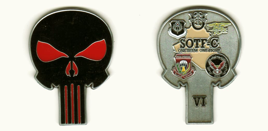 Skull shaped,  pewter colored coin, 2 inches high x 1 1/2 inches wide