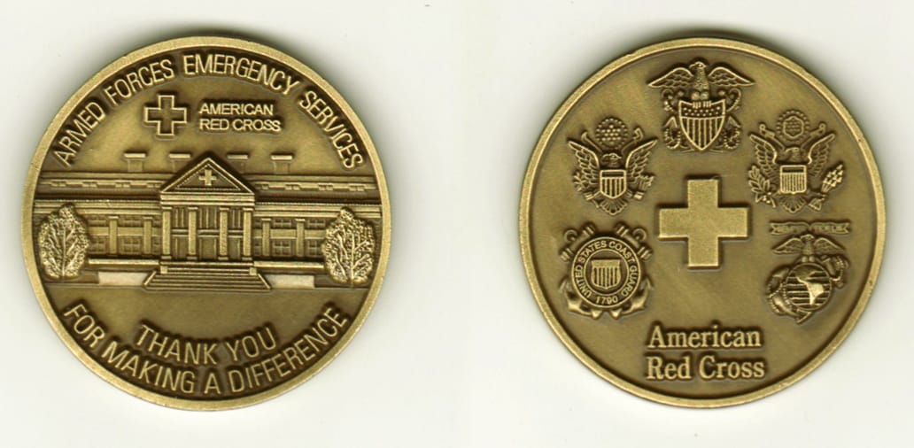 Round shaped, brass colored coin, 1-5/8 inches in diameter.