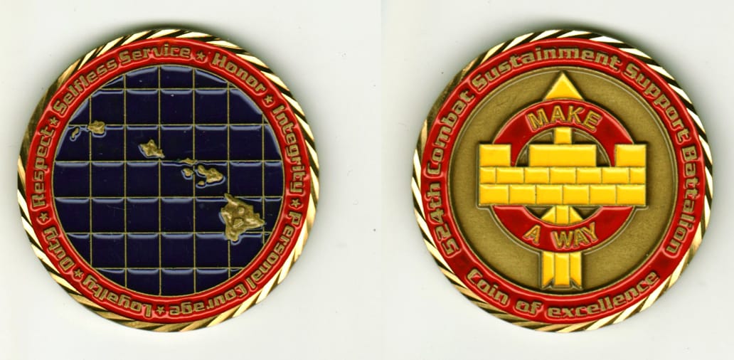 Round shaped, brass colored coin, 1 13/16 inches in diameter.