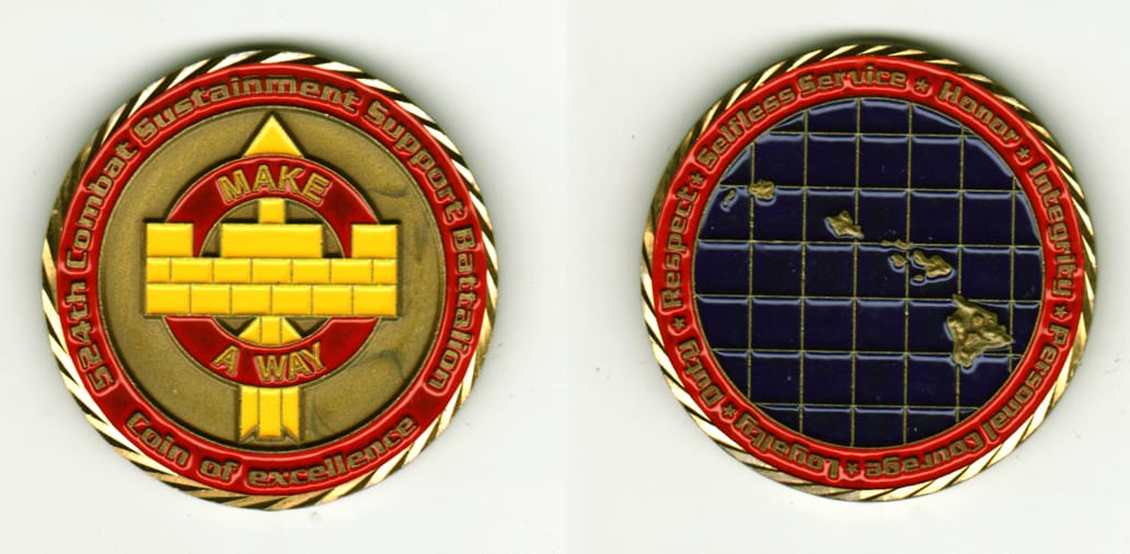 Round shaped, brass colored coin, 1 13/16 inches in diameter.