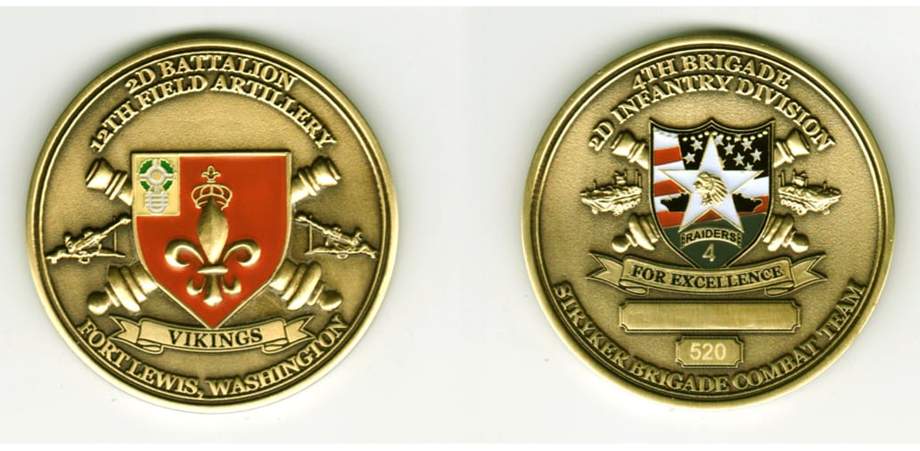 Round shaped, brass colored coin, 2 inches in diameter.