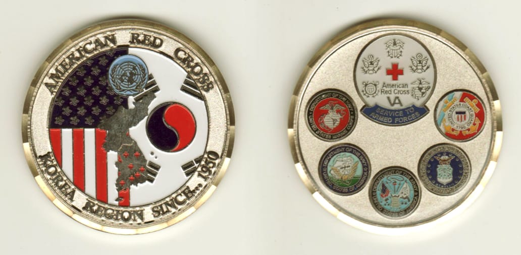 Round shaped, silver colored coin, 2  inches in diameter.