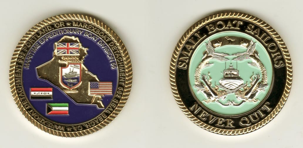 Round shaped, gold colored coin, 1-5/8 inches in diameter.