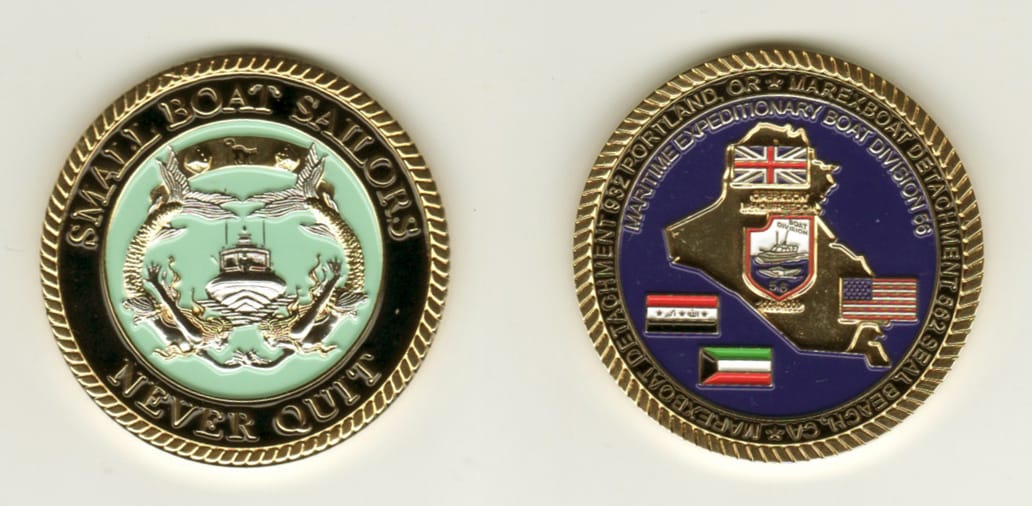 Round shaped, gold colored coin, 1-5/8 inches in diameter.