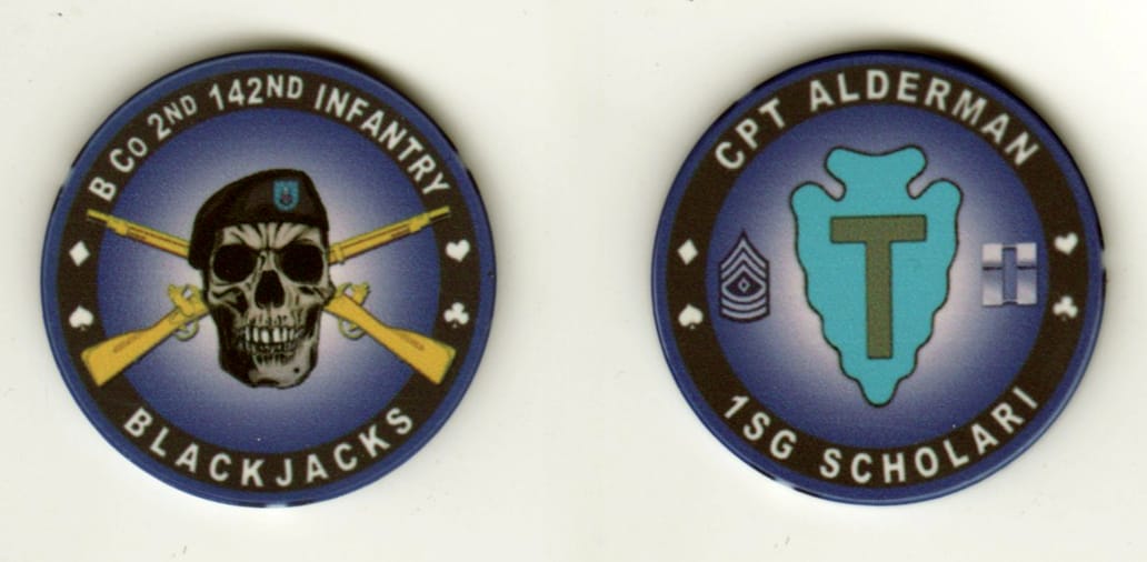 Round shaped, blue poker chip, 1 1/2 inches in diameter.