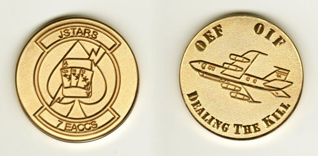 Round shaped, gold colored coin, 1 3/8 inches in diameter.