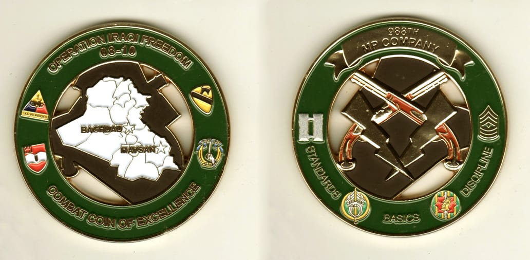 Round shaped, gold colored coin, 2 3/8 inches in diameter.