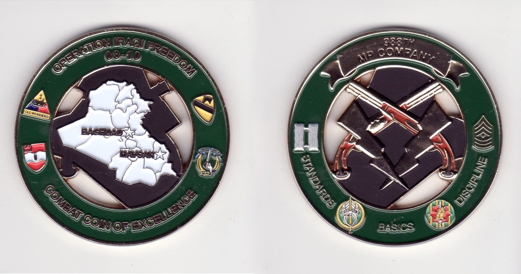 Round shaped, gold colored coin, 2 3/8 inches in diameter.