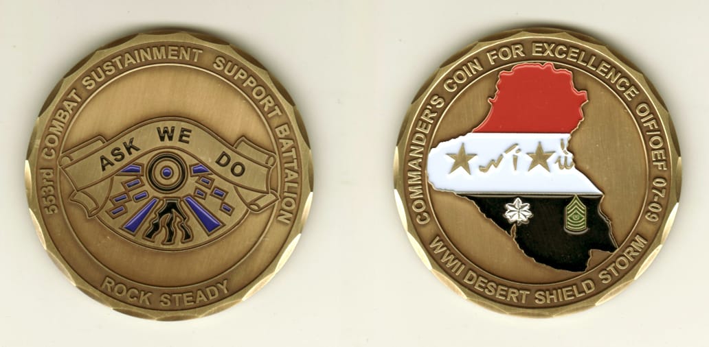 Round shaped, brass colored coin, 2 3/8 inches in diameter.