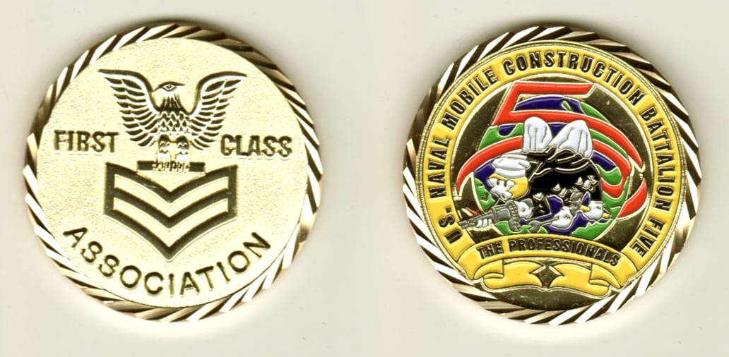 Round shaped, gold colored coin, 1-5/8 inches in diameter.