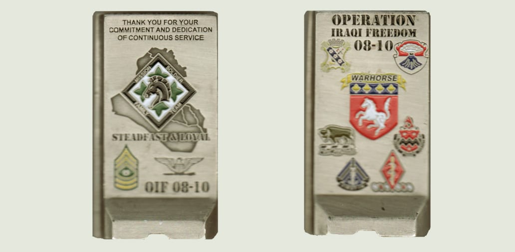 T Bar shaped, pewter colored coin, 2 3/4 inches high x 1 1/2 inches wide.