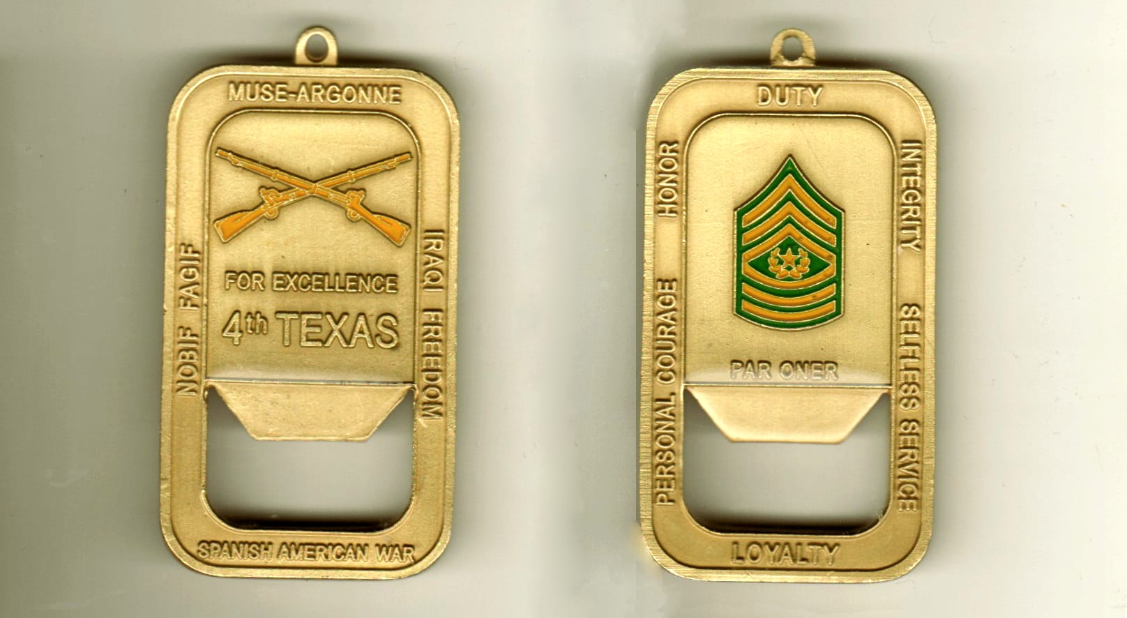 Dog Tag shaped with cut out bottle opener area, brass colored coin, 2 11/16 inches high x 1 7/16 inches wide.
