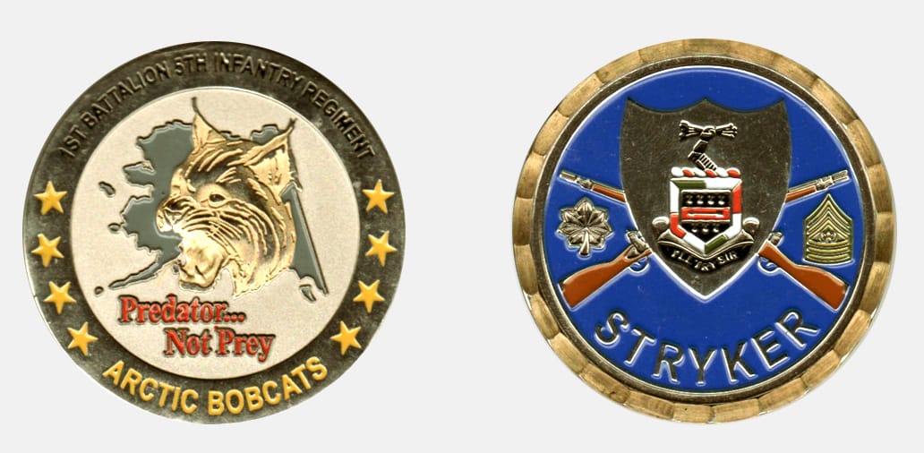 Round shaped, silver colored coin with brass colored rim on one side, 2 1/8 inches in diameter.