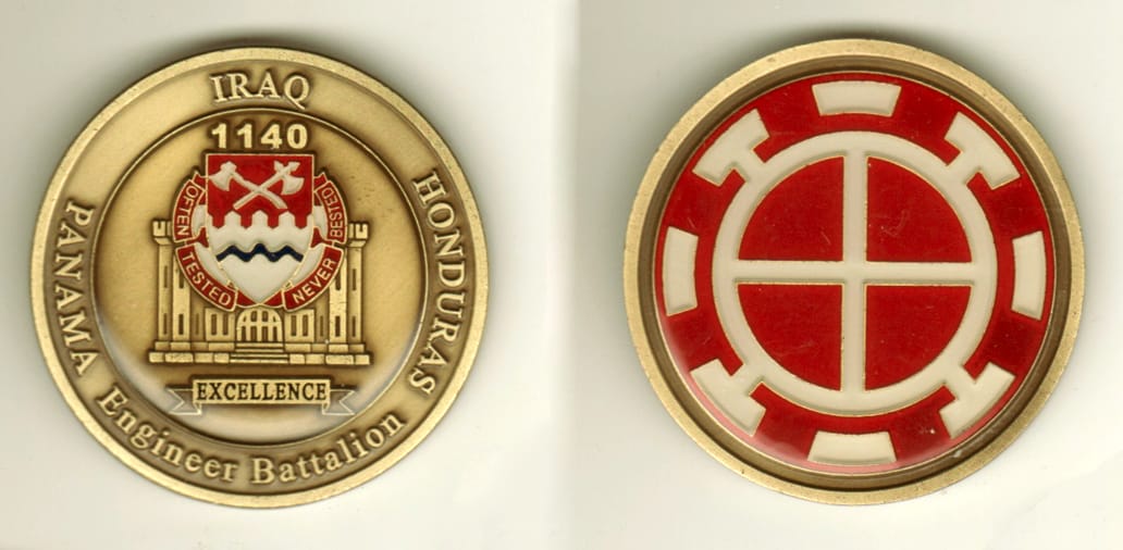 Round shaped, brass colored coin, 2 inches in diameter.