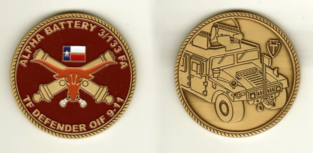 Round shaped, brass colored coin, 2 inches in diameter.