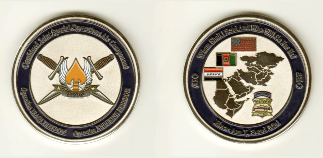 Round shaped, silver colored coin, 1 11/16 inches in diameter.