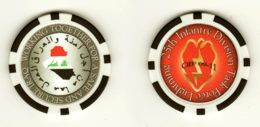 Round shaped poker chip, 1 9/16 inches in diameter.
