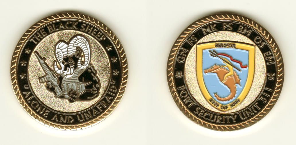 Round shaped, brass colored coin, 1 11/16 inches in diameter.