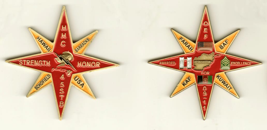 Eight pointed starburst shaped, brass colored coin, 2 1/2  inches high x 3 inches wide.