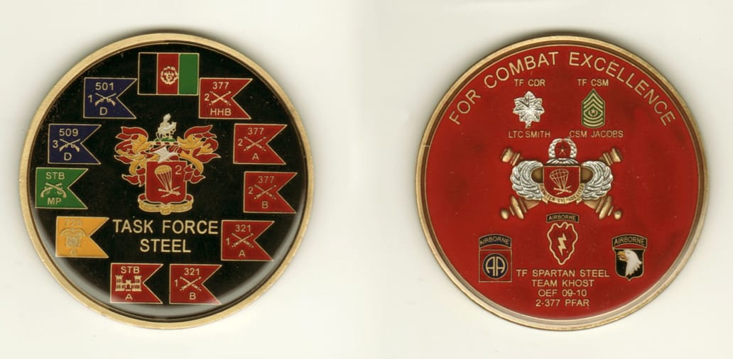 Round shaped, brass colored coin, 2 1/2 inches in diameter.