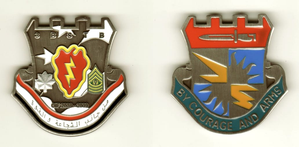 Shield shaped with banner mounted around base and top cut out like castle turrets, pewter colored coin, 2 inches high x ...