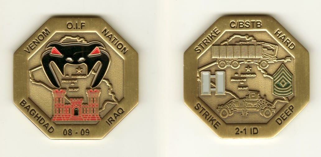 Octagon shaped, brass colored coin, 2 inches high x 2 inches wide.