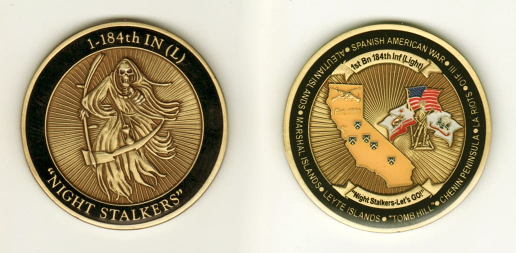 Round shaped, brass colored coin, 2 1/8 inches in diameter.