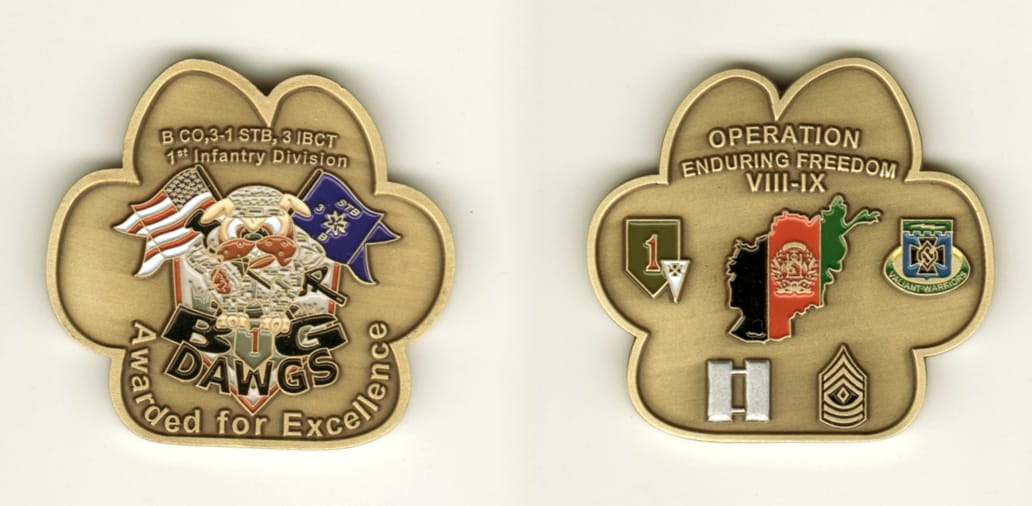 Pawprint shaped, brass colored coin, 2 inches wide x 2 inches high.