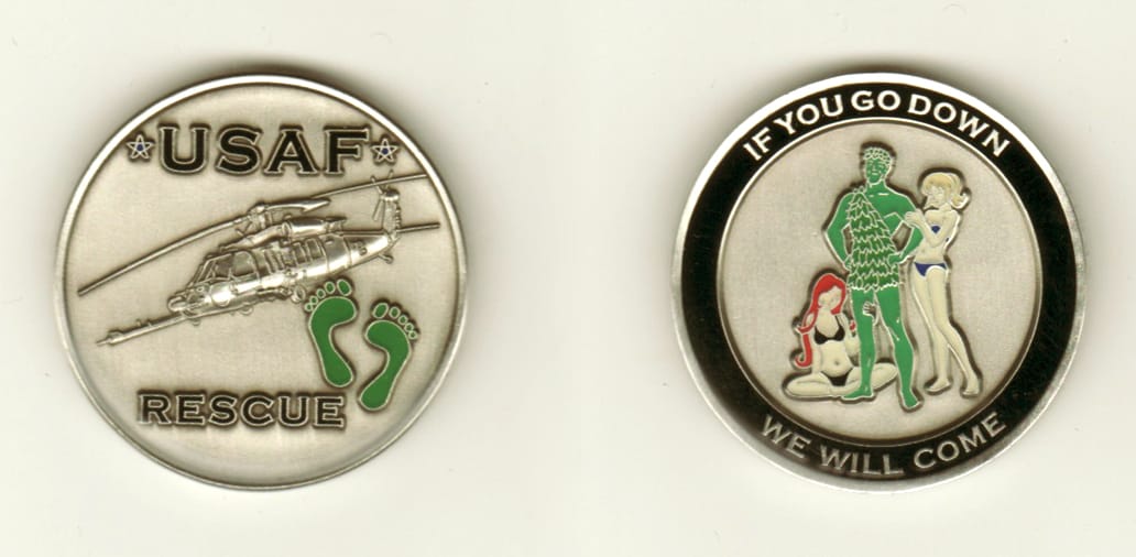 Round shaped, pewter colored coin, 1 1/2 inches in diameter.