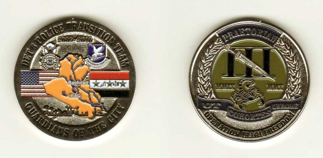 Round shaped, silver colored coin, 1 1/4 inches in diameter.