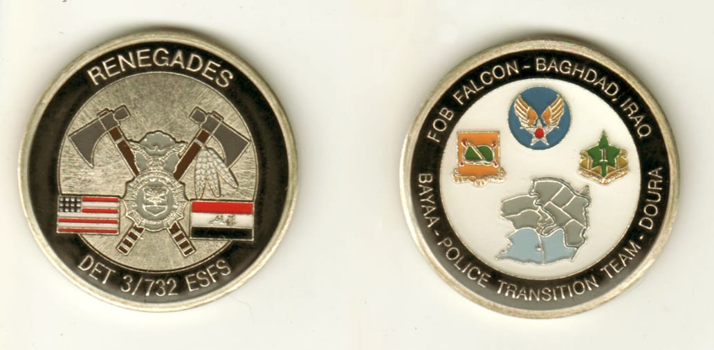 Round shaped, pewter colored coin, 1 11/16 inches in diameter.